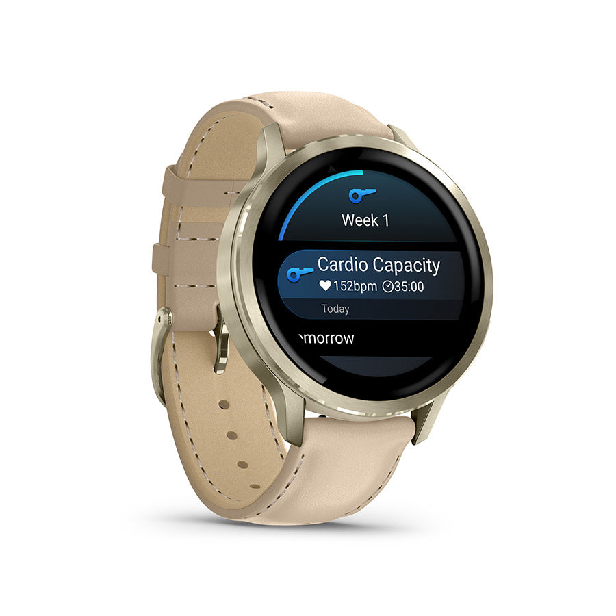 Garmin Venu 4 41mm, Lunar Gold et cuir Light Sand, vue 3