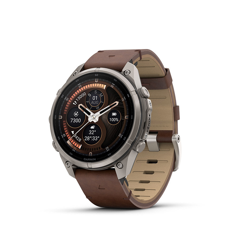 Garmin fenix 9 Pro inReach 47 mm, Titane / bracelet en cuir noyer, vue 1