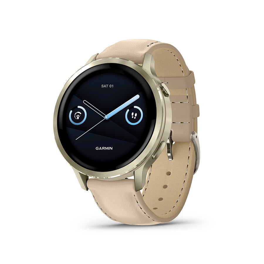 Garmin Venu 4 41mm, Lunar Gold et cuir Light Sand, vue 1